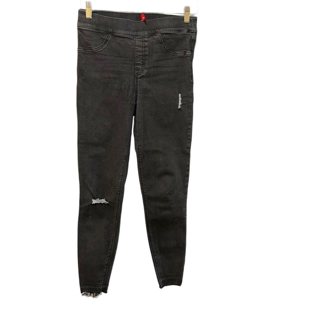 Spanx Jeans Black Denim Skinny Stretch Distressed Raw Hem Pull‎ On Edgy Size M